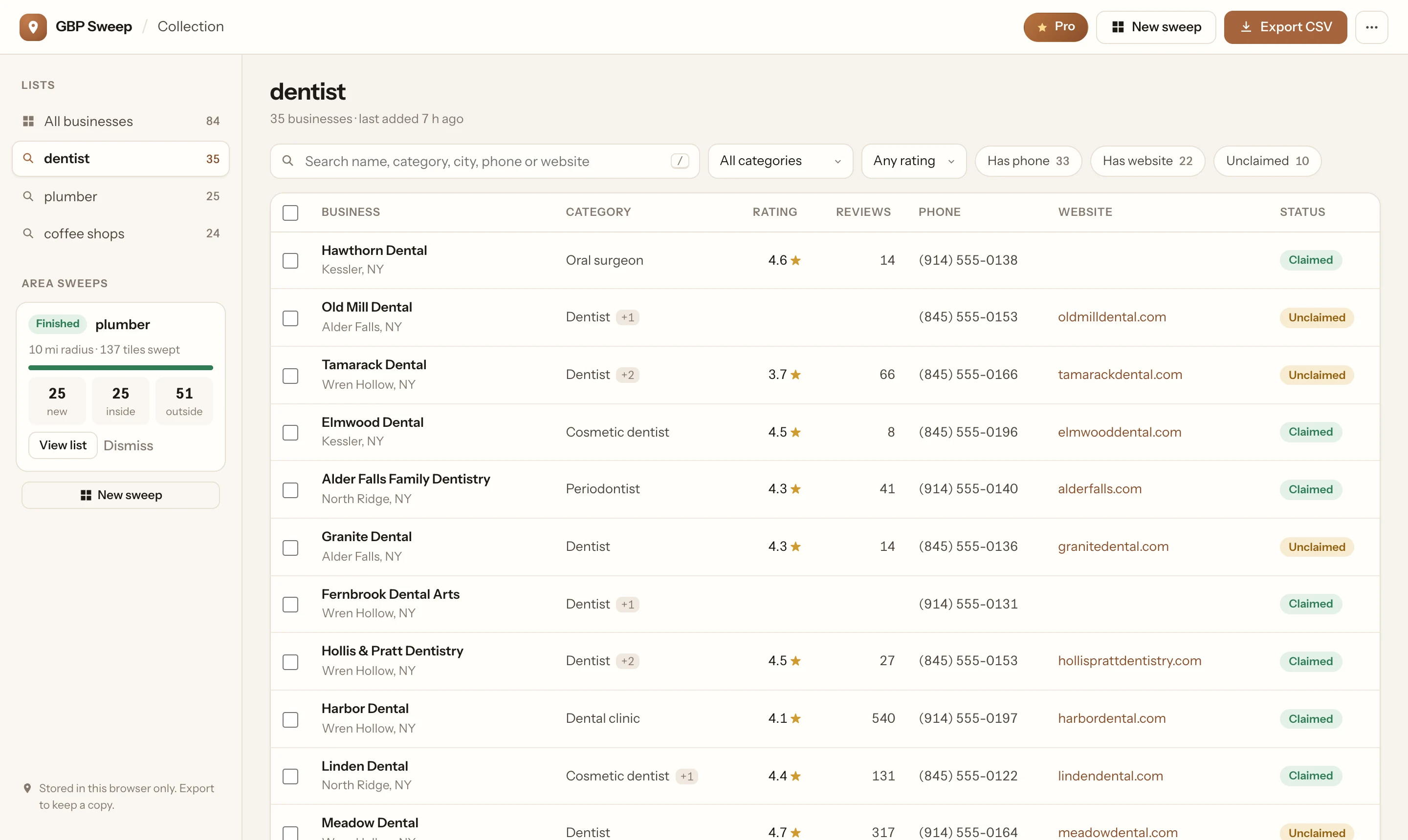 GBP Sweep business lead list with phone numbers, websites, ratings, filters, and CSV export.