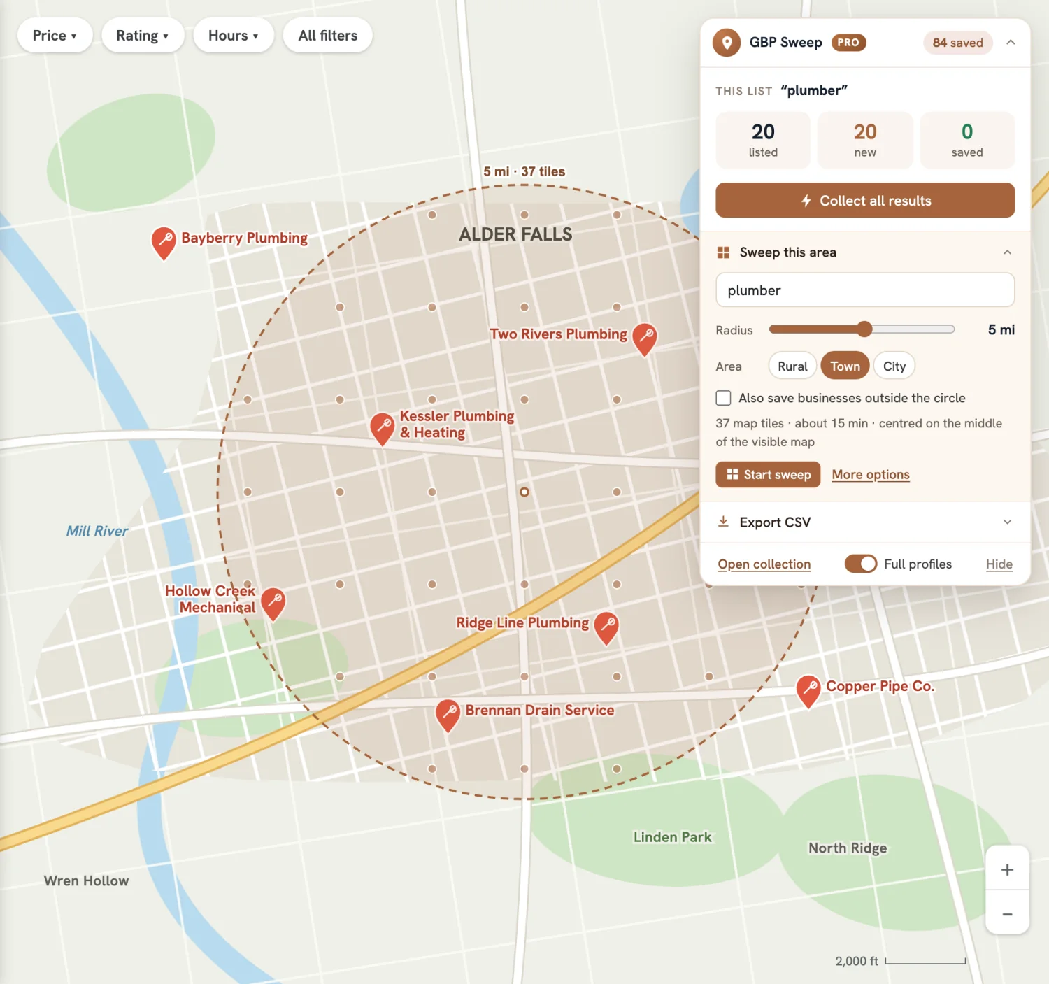 Google Maps area sweep showing the search radius, map tiles, and local business collection settings.